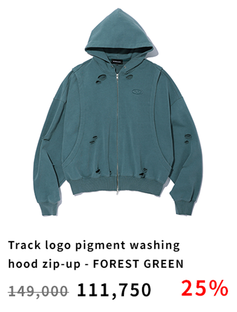 Track logo pigment washing hood zip-up - FOREST GREEN