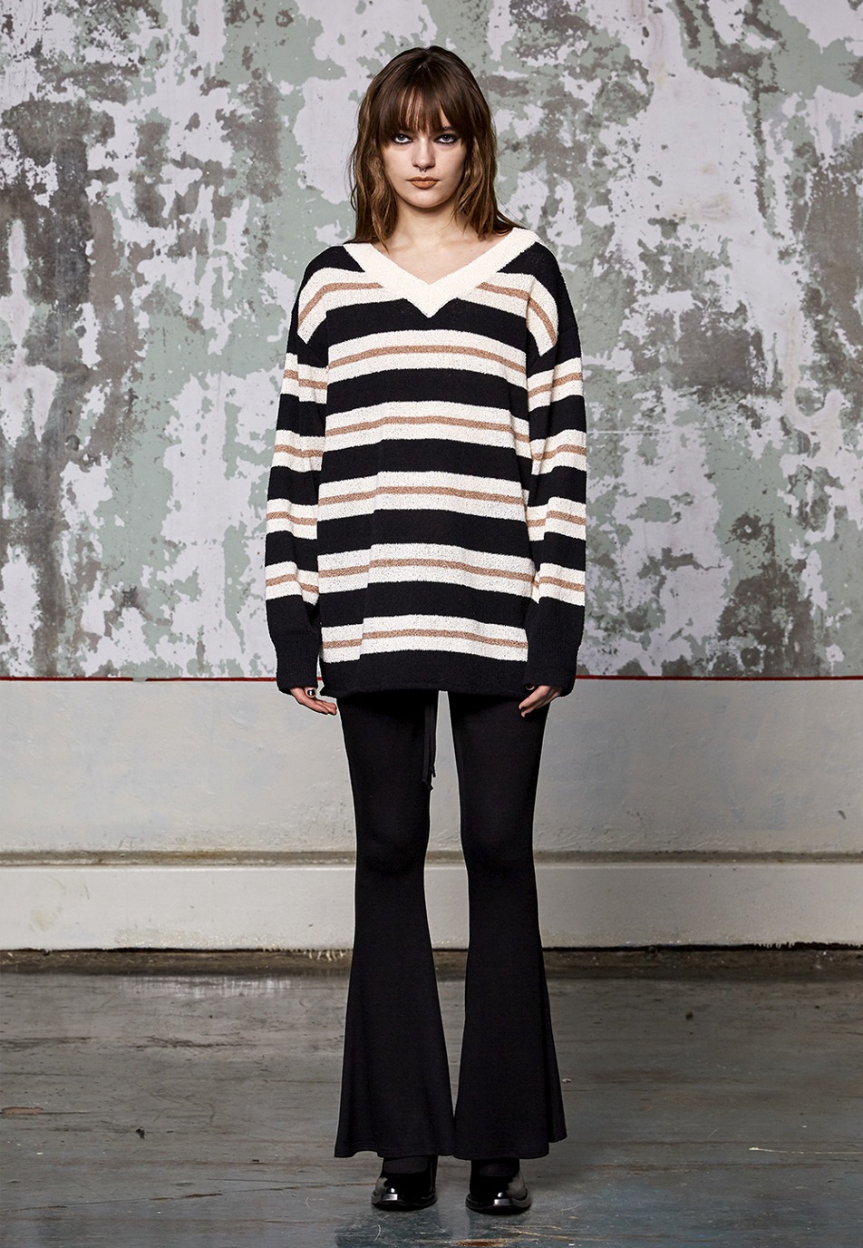 Stripe over fit knit long sleeve - BLACK