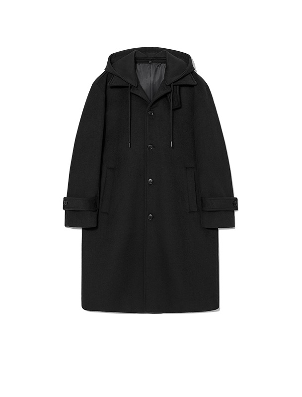 Wool over fit hood single coat - BLACK